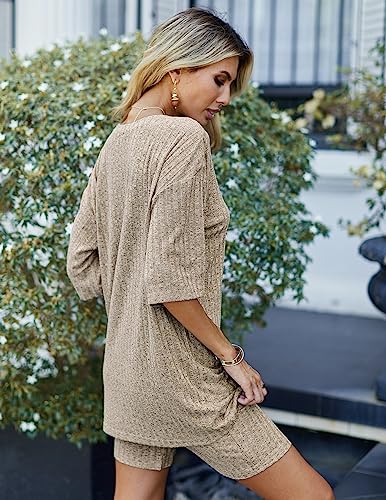 image for Ekouaer Pajamas 2 Piece Lounge Sets Ribbed Knit Matching Outfits T-shi