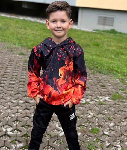Image of Ahegao Kids Hoodies Orange Flame Sweatshirts for Boys Cool Pullover Size 12 13 14 Years Youth Black Fire Hoodie with Pockets