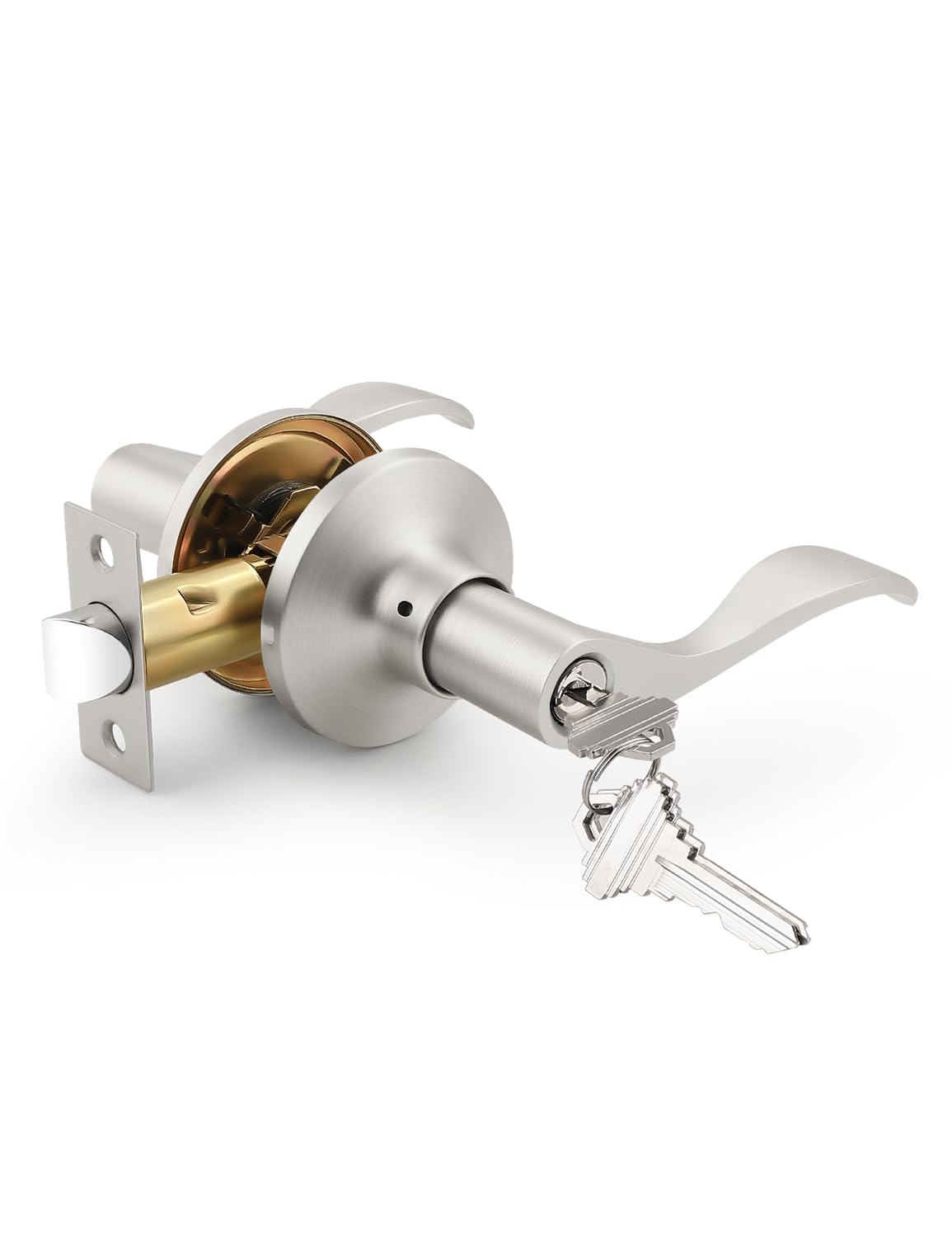 Mengico 3 Pack Keyed Entry Door Lever Lock for Exterior Door Handleset, Entrance Door Handles Lockset in Satin Nickel Each with 3 Same Keys