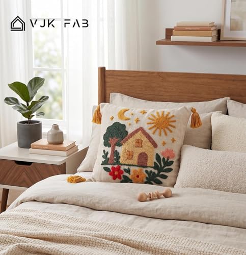 Image of Cotton Fabric Embroidered Kids Cushion Cover for Sofa Set /Diwan Beds 16 x 16 Inches or 40x40 cms Scenery Cushion Covers, Sofa Throw Pillow Covers Only, Set of 1 Pc