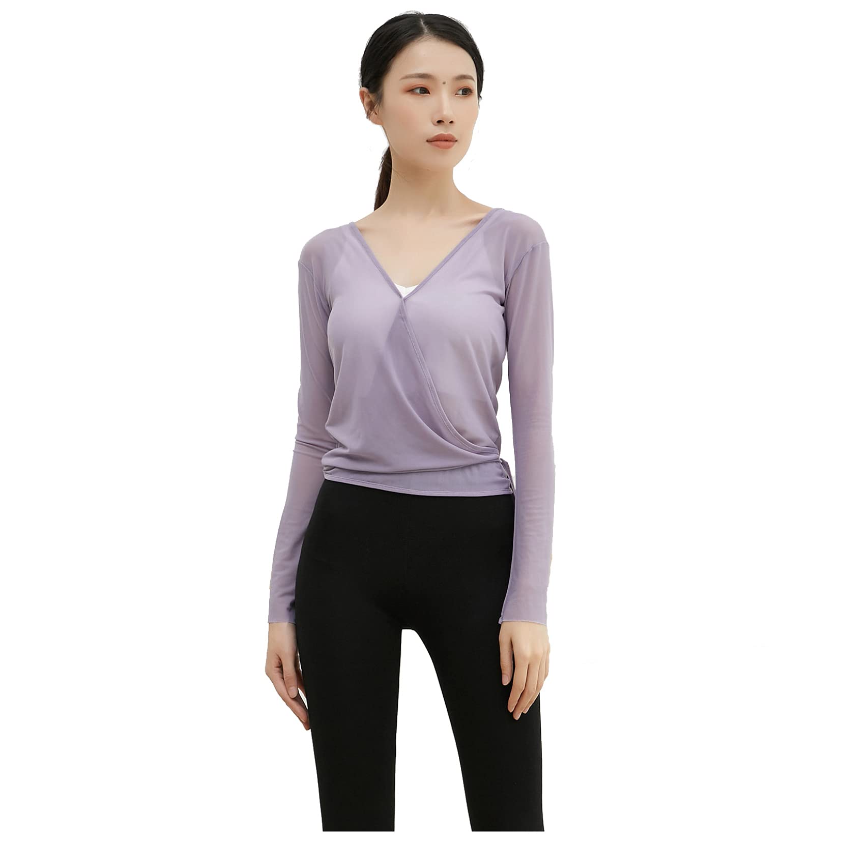Women's See Through Mesh Shirts Long Sleeve Ballet Dance Tops V-Neck Tie-Up Wrap T-Shirts Cover Up Top