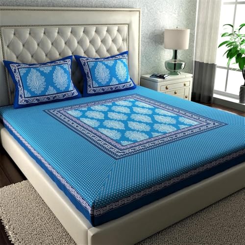 Image of La Verne 104 TC Cotton Double Bed Bedsheet Jaipuri Rajasthani Print Bedsheet with 2 Pillow Covers (Blue)