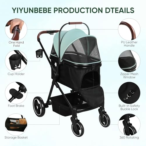 Image of 3-in-1 Foldable Pet Stroller for Dogs & Cats, 33lbs | All-terrain 7 inch /10 inch wheels | Compact storage | Storage basket | Breathable linen | Cup holder & rear brakes