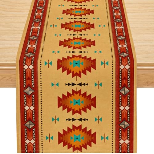 Image of Southwestern Aztec Table Runner, Vibrant Colorful Geometric Tribal Pattern Faux Linen, Bright Boho Dining Decor for Kitchen Table 13x36 Inch
