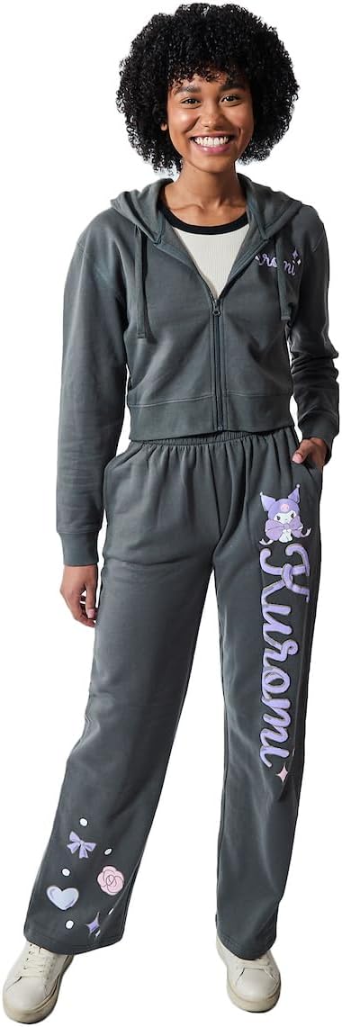 Bioworld Kuromi Hearts & Bows Women's 2-Pack Charcoal Long Sleeve Crop Hoodie & Joggers Combo Set