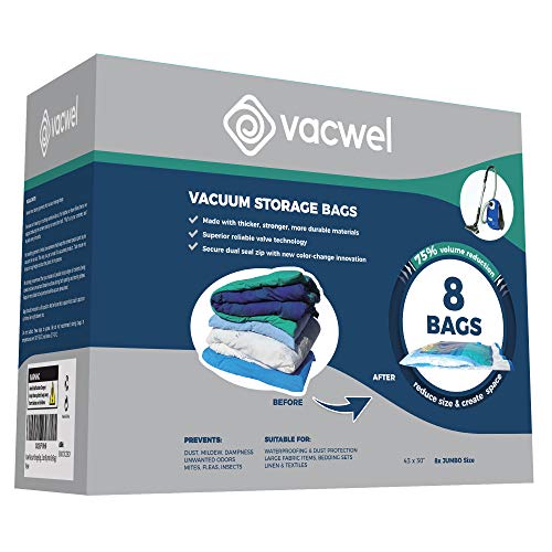 Vacwel Jumbo Vacuum Storage Bags for Clothes, Quilts, Pillows, Space Saver Size 43x30 Extra Strong (Pack of 8)