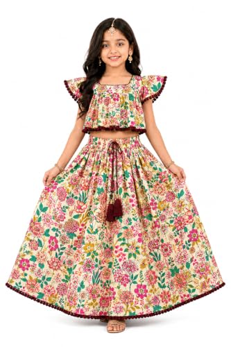 Image of Girls Floral Printed Crop Top and Lehenga Skirt Set