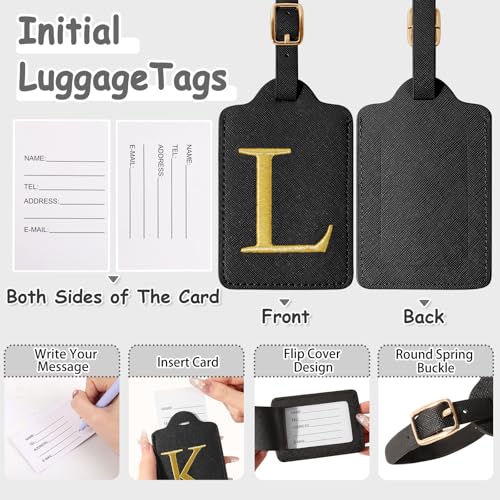 Image of Personalized Initial Luggage Tags for Suitcases, Cute PU Leather Embroidered Letter Travel Luggage Tags, Suitcase Identifier Name Baggage Tag, Bag Tags for Men Women Kids Luggage Handbags(Black L)