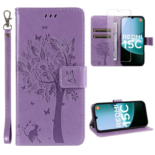 Xauvap Handyhülle für mit Xiaomi Redmi 15C 4G / 5G / Poco C85 Hülle mit 1 Stücke Schutzfolie Folio PU-Leder Schutzhülle Standfunktion Kartenfach Case (Violett)