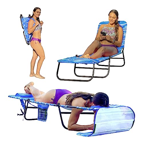 Flip Face Down Tanning Chaise Lounge Chair - Face & Arm Holes - 2 Legs Support - Polyester Material – Backrest Positions - Head Rest Pillow - Beach Or Home Use - Patents Pending - Blue Stripes Pattern #TOP17