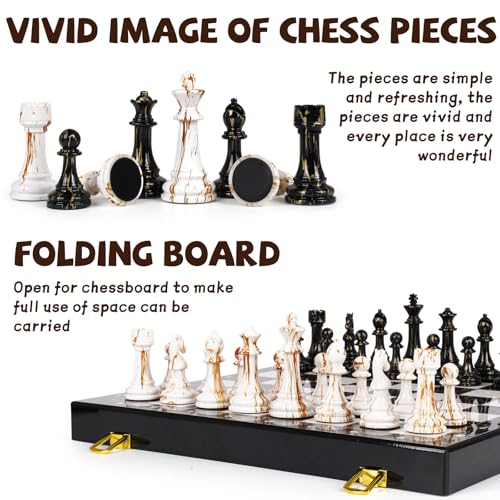 15" Large Chess Set for Adults with Weighted Acrylic Chess Pieces 3.5" King & Portable Folding Marbling Wooden Chess Board Travel Chess Sets Family Board Game Gift – Elegant Classic Chess Game - Image 4