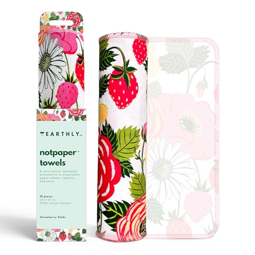 Earthly Co. Reusable Paper Towels - 10 Pack - Roll of Washable Cotton Cloth Paper Towels - Paperless Reusable Napkins Cloth Washable - Absorbent + Long Lasting - Zero Waste Products - (Strawberry)