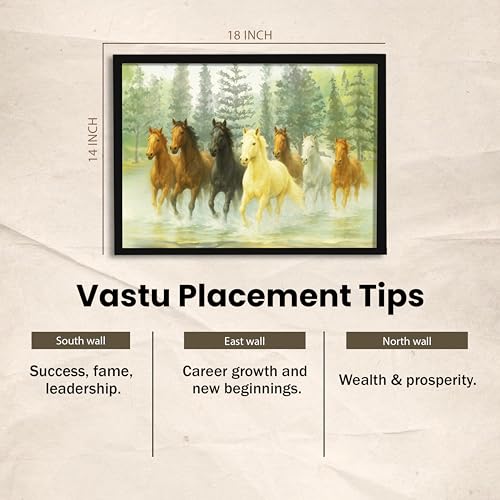 Image of 7 Running Horses Vastu Framed Wall Art Painting For Living Room| Green Forest Seven Horse Horse Painting With Frame Symbol of Growth & Positive Energy Wall Art for Living Room & Office, 14x18 Inch