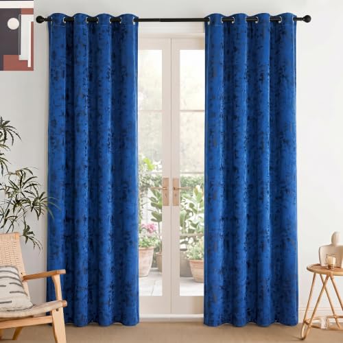 Image of IVAZA Premium Velvet Burnout Pattern 70% Blackout Opaque Curtains - Thermal Insulated, Heavy Blackout Opaques, Room Darkening Curtain for Door 8 Feet Pack of 2 Blue Burnout