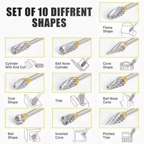 Image of Sunkizzrs 10-Pcs Tungsten Carbide Rotary Burr Set -Carbide Double Cut Carving Burr Bits with 1 /8 inch(3mm) Shank -Rotary Tool Accessories for Woodworking, Engraving, Drilling, Steel Metal Working