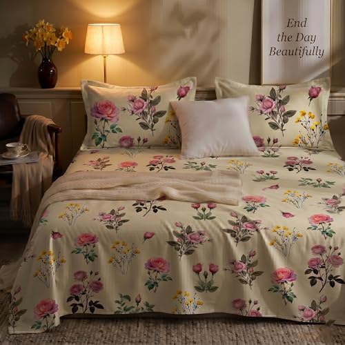 Image of BSB HOME 240 TC Cotton Bedsheet with 2 Pillow Covers, Soft Breathable Floral King Size Flat Bed Sheet - 90 x 100 Inches (228 x 254 cm) (Dusty Rose)