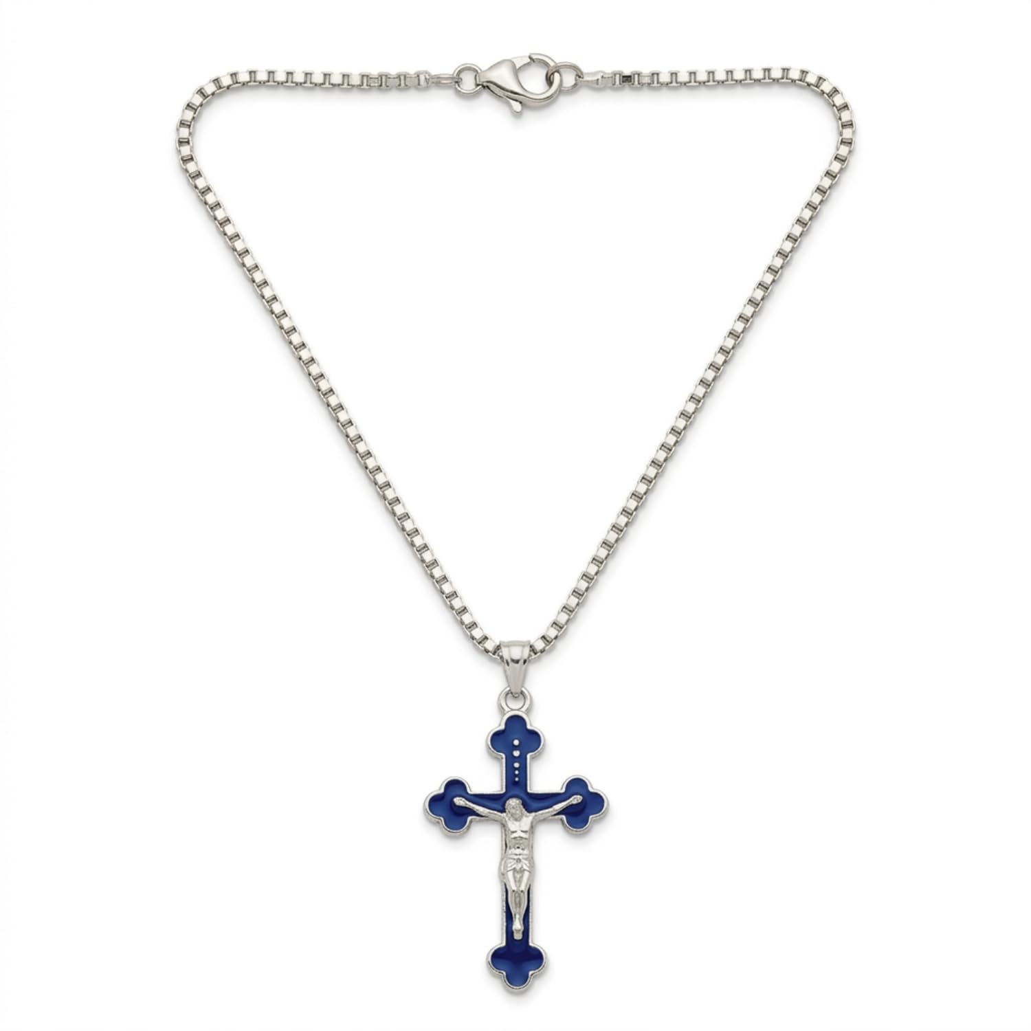 Silver Plated Jesus Christ Crucifix Pendant Necklace for Men and Women Blue Enamel Christian Cross Locket with Box Chain | Religious Spiritual Faith Jewellery for Boys & Girls-image-21