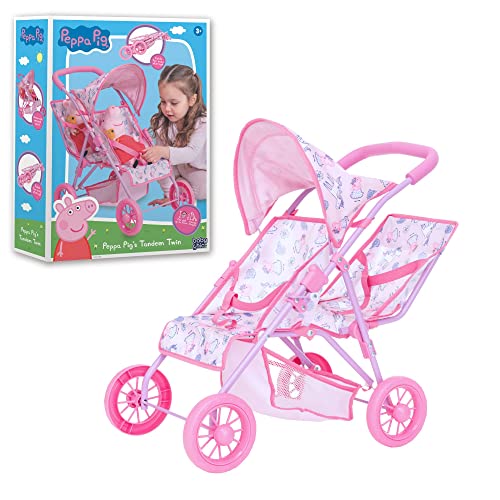 Peppa Pig - Cochecito Doble para bebé, muñeca Infantil, Cochecito Doble con temática de Peppa Pig Rosa niño fácil de Doblar con Paraguas, Adecuado Tanto para niñas como para niños de 2 años y más