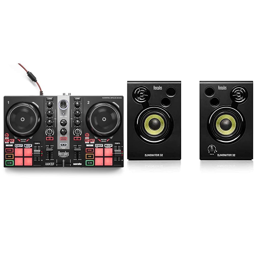 Hercules DJControl Inpulse 200 MK2 – Contrôleur DJ idéal pour apprendre à mixer - Logiciels et tutoriels inclus & DJMonitor 32-2 enceintes de monitoring actives de 15 watts RMS chacune