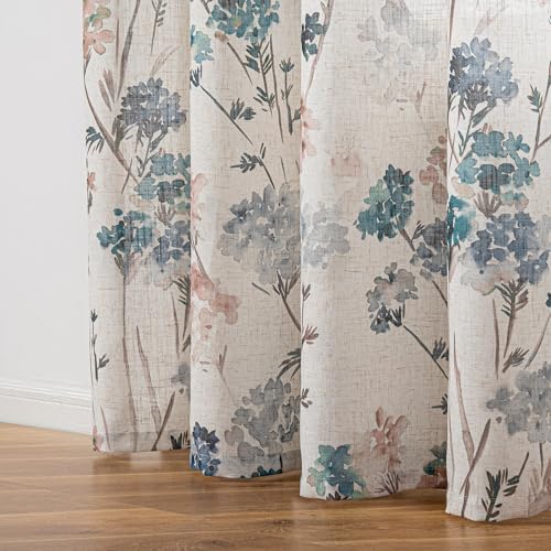 Image of MYSKY HOME Floor to Ceiling Linen Floral Curtains 108 Inch Length 2 Panels Semi Sheer Light Filtering Farmhouse Flower Print Patterned Window Grommet Curtains for Dining Room, 52 inch W Each Panel, Brown