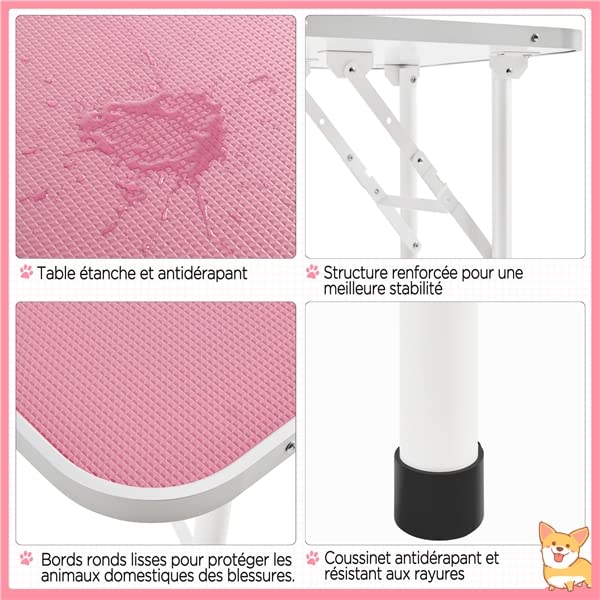 Abician Table de Toilettage pour Chien/Chat/Animaux Table de Toilettage Portable avec Potence Réglable Sangle Plateau Antidérapant 80,5× 46 × 76 cm Charge Maximale de 100 kg Rose