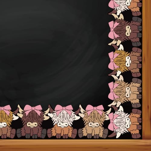 Image of Whaline 32.8 Ft Pink Bow Highland Cow Bulletin Board Border Back to School Coquette Brown Cow Die-Cut Border Trim for Chalkboard Wall Decoration