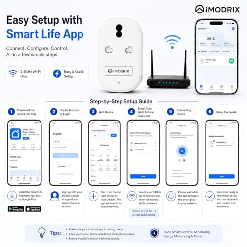 Image of 16 Amp Smart WiFi Plug with Energy Monitoring, Remote Control & Scheduling | Compatible with Alexa, Google Assistant & Smart Life App | Ideal for Geyser, AC, Heater, Microwave | White