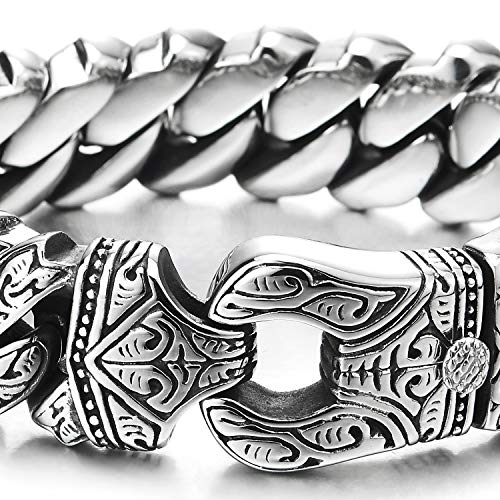 COOLSTEELANDBEYOND Mens Steel Vintage Fancy Curb Chain Bracelet with Tribal Tattoo Pattern, Retro Style, Masculine2