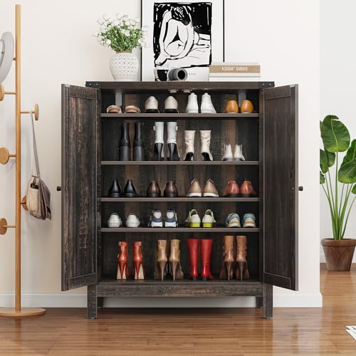 DWVO Farmhouse 5-Tier Shoe Cabinet with Doors and Adjustable Shelves, Self-Standing Wooden Shoes Organizer Rack with Non-Slip Pads, for Entryway, Hallway, Living Room, Dark Rustic Oak