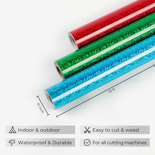 Image of HTVRONT Holographic Glitter Permanent Vinyl, 12 inch x 10ft Sparkle Green Permanent Adhesive Vinyl, Easy to Weed & Transfer Glitter Roll Compatible with Cricut Cutting Machine, Crafts, Silhouette, Decal