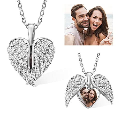 Sterling Silver Angel Wings Locket Necklace with Custom Photo for Women Heart Angel Wing Picture Pendant Necklace for Her Personalized Memory Photo Pendant Memorial Jewelry Gifts for Mom Grandma2
