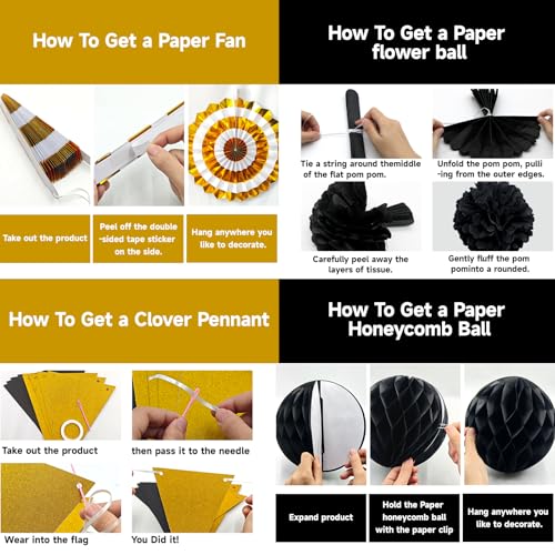 Image of 24 Pcs Black and Gold Party Decorations, Paper Fans Pom Poms Garland Decor | Pennant garland, circle dots and hanging spirals for 2026 graduation, birthday, New Year, wedding and anniversary party decor
