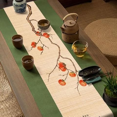 Asian Style Bamboo Table Runner, Ancient Chinese Landscape Flower Paintings Zen Table Mat for Kitchen Dining Bedroom Decoration (Persimmon Everything Goes Well, 12"x72") Cover