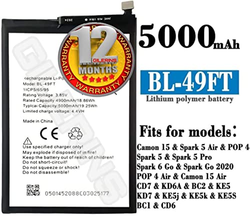 Image of THE BATTERY STORE Original BL49FT Mobile Battery Compatible with Tecno Spark Go 2020 /Tecno Spark 5 / Tecno Camon 15 / Tecno Pop 4 / KE5 / CD7 /BC2c Battery with 1 year warranty and high capacity battery backup. Carefully check your phone model and purchase(BL-49FT)