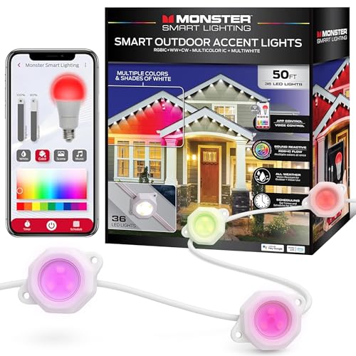 Image of Monster Smart Permanent Outdoor Lights, 50ft, 36 LED Eaves Lights, RGB+IC+WW, Weather & Water Resistant, App & Voice Control, Compatible with Alexa and Google, for Halloween, Christmas & Year-Round