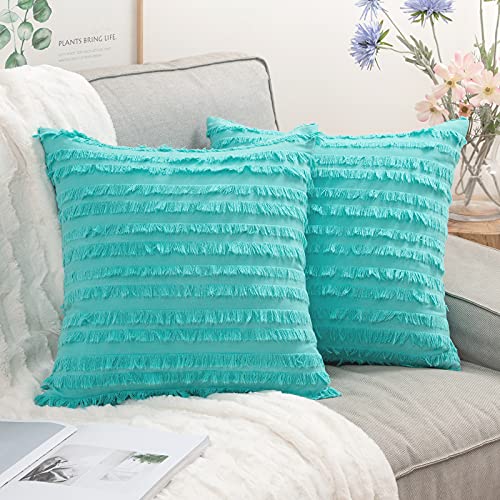 MIULEE Set of 2 Decorative Boho Throw Pillow Covers Linen Striped Jacquard Pattern Cushion Covers for Sofa Couch Living Room Bedroom 18x18 Inch Aqua Green