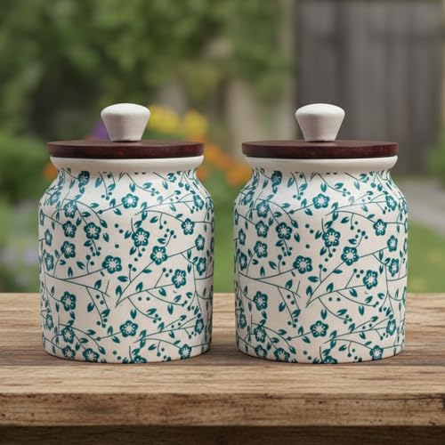 Image of Vistas 'Heritage Green' Airtight 420ml Set of 1 Ceramic Jar for Kitchen Storage | Handcrafted Ceramic Barni with Wooden Lid | Multipurpose Pickle, Spice & Salt Container