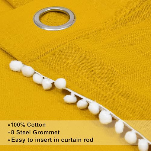 Image of THE LINEN COMPANY Cotton Sheer Grommet Curtains with Side Border Pompom Sheer Curtain for Window Linen Textured, Light Filtering, Pack of 2 (Mustard, 6 Feet)
