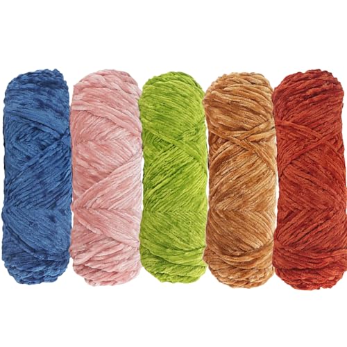 5pcs Yarn Velvet Knitting Yarn Super Soft Crochet Ball Craft Multi Colors(Blue, Pink, Green, Khaki,Orange-Red)