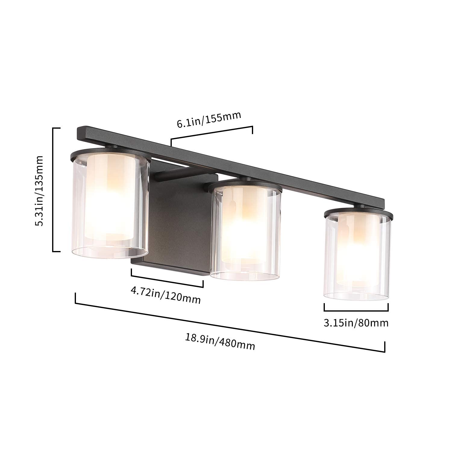 Lampada toeletta Nera 3 luci paralumi in Vetro Applique Parete 17,9 "Pollici Applique Parete in Bagno Lampade Parete Moderne Bagno Vinta Specchio