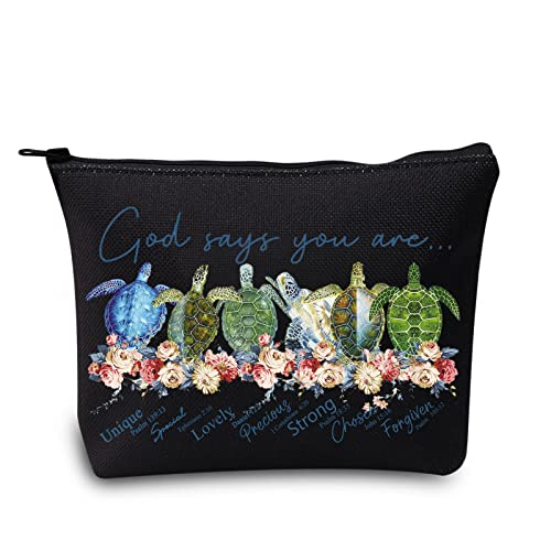 LEVLO Sea Turtle Cosmetic Make Up Bag Turtle Lover Gift God Says You are Unique Special Lovely Chosen Forgiven Makeup Zipper Pouch Bag for Women Girls God Says Turtle Black