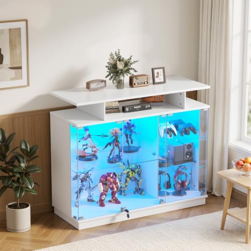 MSFE Vitrina de Cristal con LED, Vitrinas para Salon con Puerta de Cristal con Cerradura 3 Capas de Vitrina Expositora para Colecciones, Curio Vitrina para Sala de Estar, Blanco 120x38.6x100CM