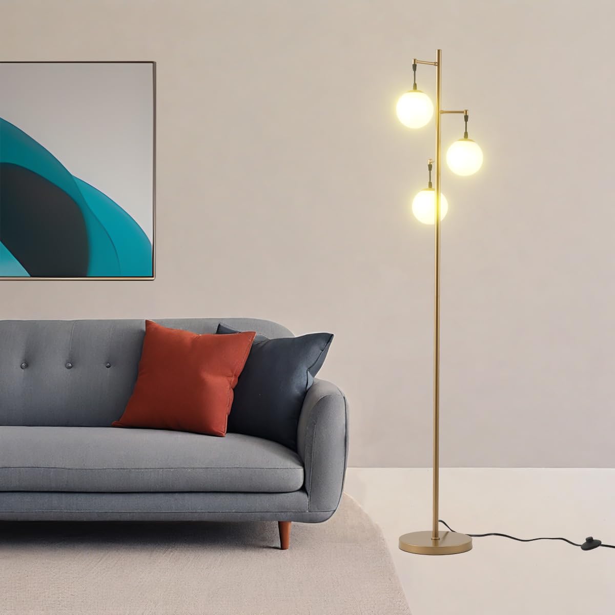 Fiqevs 3 Globe Gold Modern Floor Lamp for Living Room - Frosted Orb Globe Shade, LED Bulbs Included, 3000K Warm White - Mid Century Retro Corner Standing Lamp for Bedroom Office
