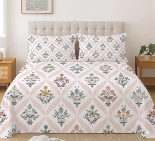 Image of IVAZA 240 TC Soft Ezyption Cotton Floral Print King Size Bedsheet - with 2 Pillow Covers, Hypoallergenic, Brethable, (Size- 90 x 90 Inch) Sage Green