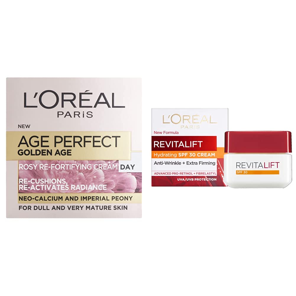 L'Oreal Age Perfect Golden Age Rosy Glow & Radiance Tinted Day Cream, Face Cream Moisturiser, Skin Care for Mature Skin, 50 ml & Revitalift Day Cream, Anti-Wrinkle Moisturiser, SPF 30, 50 ml