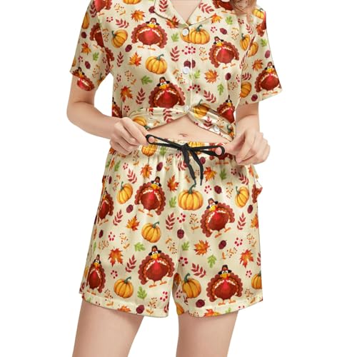 Image of Funny Satin Pajamas Set for Women Button Down Sleepwear Print Pjs Set 2 Piece Short Sleeve Loungewear Gift for Women