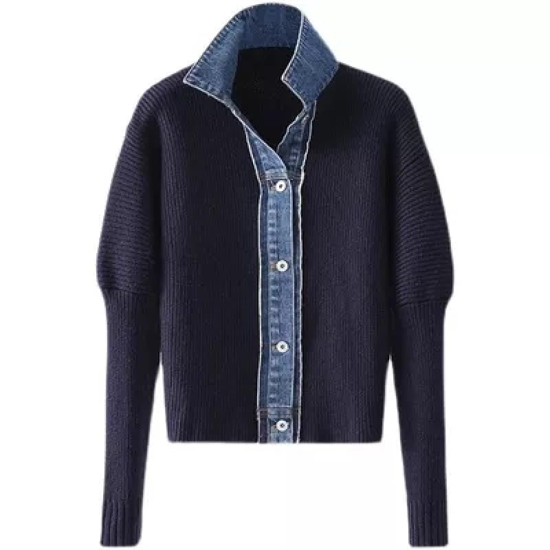 Women's Sweatshirt Cardigan Sweater Loose Denim Patchwork Button Lapel Knitted Jacket