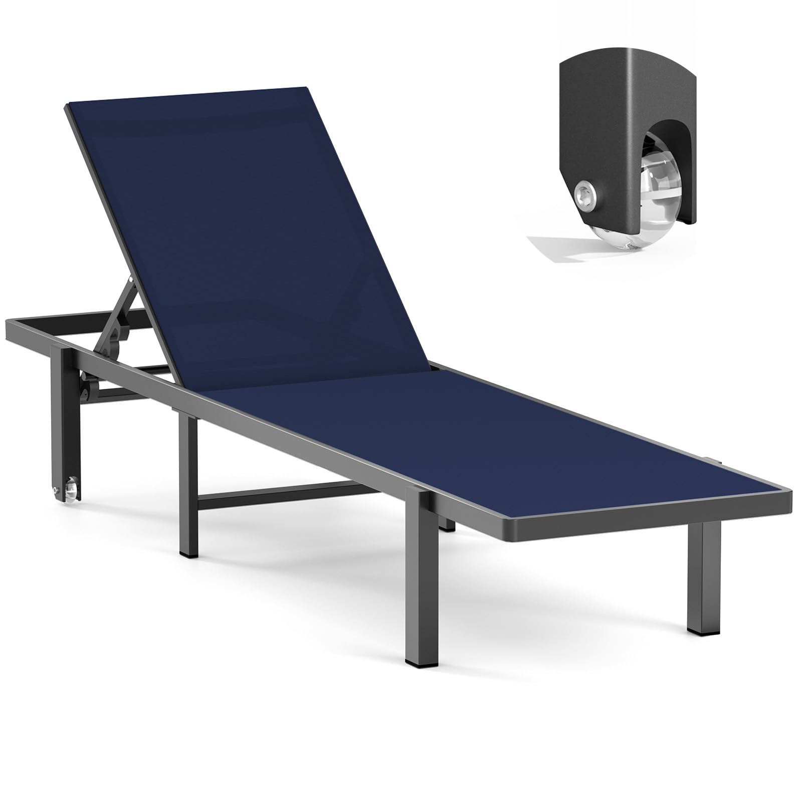 Aluminum Chaise Lounge Chair Outdoor with Wheels, Patio Lounge Chair with Adjustable 5-Position Recliner and Full Flat Tanning Chair for Patio, Beach, Pool, Navy Blue