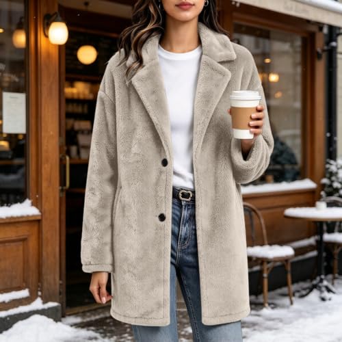 Sherpa Jacket Women Fluffy Sherpa Coat Fuzzy Button Down Cardigan Beige M - image 2
