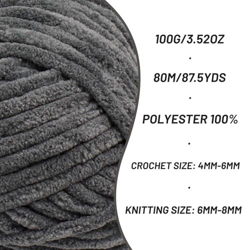 Image of 4 Packs Fluffy Chenille Yarn for Crocheting, Chunky Velvet Yarns for Crochet Amigurumi, Baby Yarn for Crocheting Soft Blanket, 349.9yds /14.1 oz Bulky Yarns for Crafts /Hats /Shoes /Socks (4 Dark Gray)